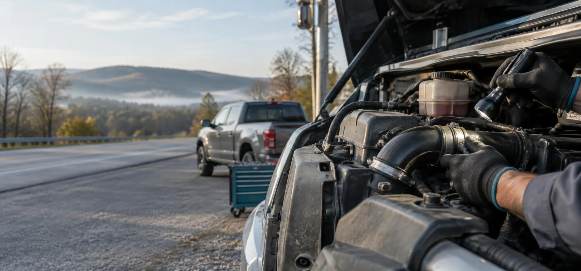 Mobile service inspecting a heavy-duty truck engine during roadside service in Pennsylvania