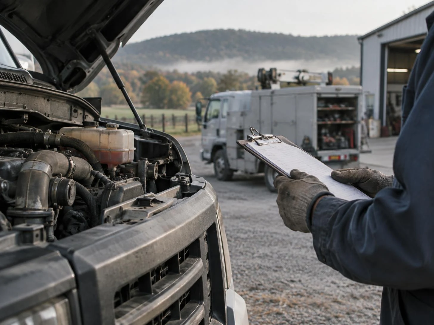 Technician with a clipboard reviewing a work truck repair beside a mobile service truck