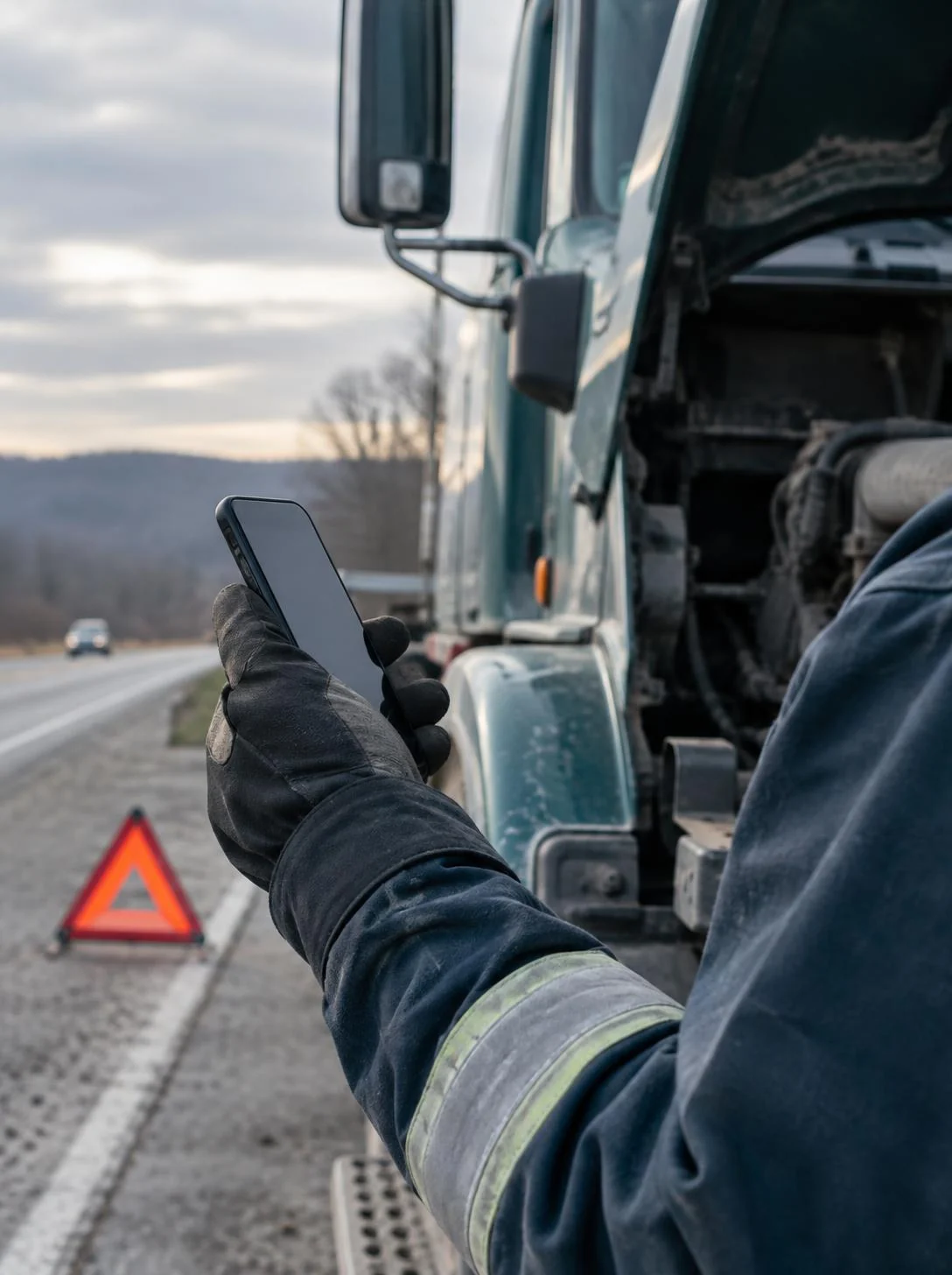 Gloved hand holding a phone beside a broken-down work truck to call a mobile service