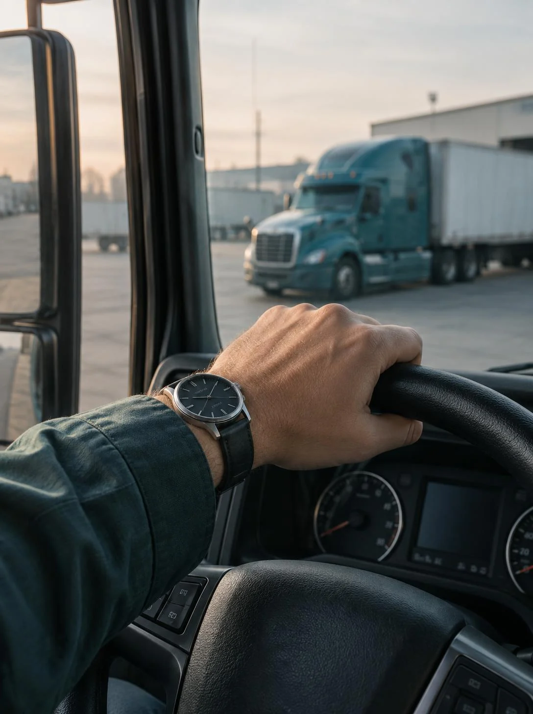 Driver's wrist with a watch on a truck steering wheel, fleet semi waiting outside