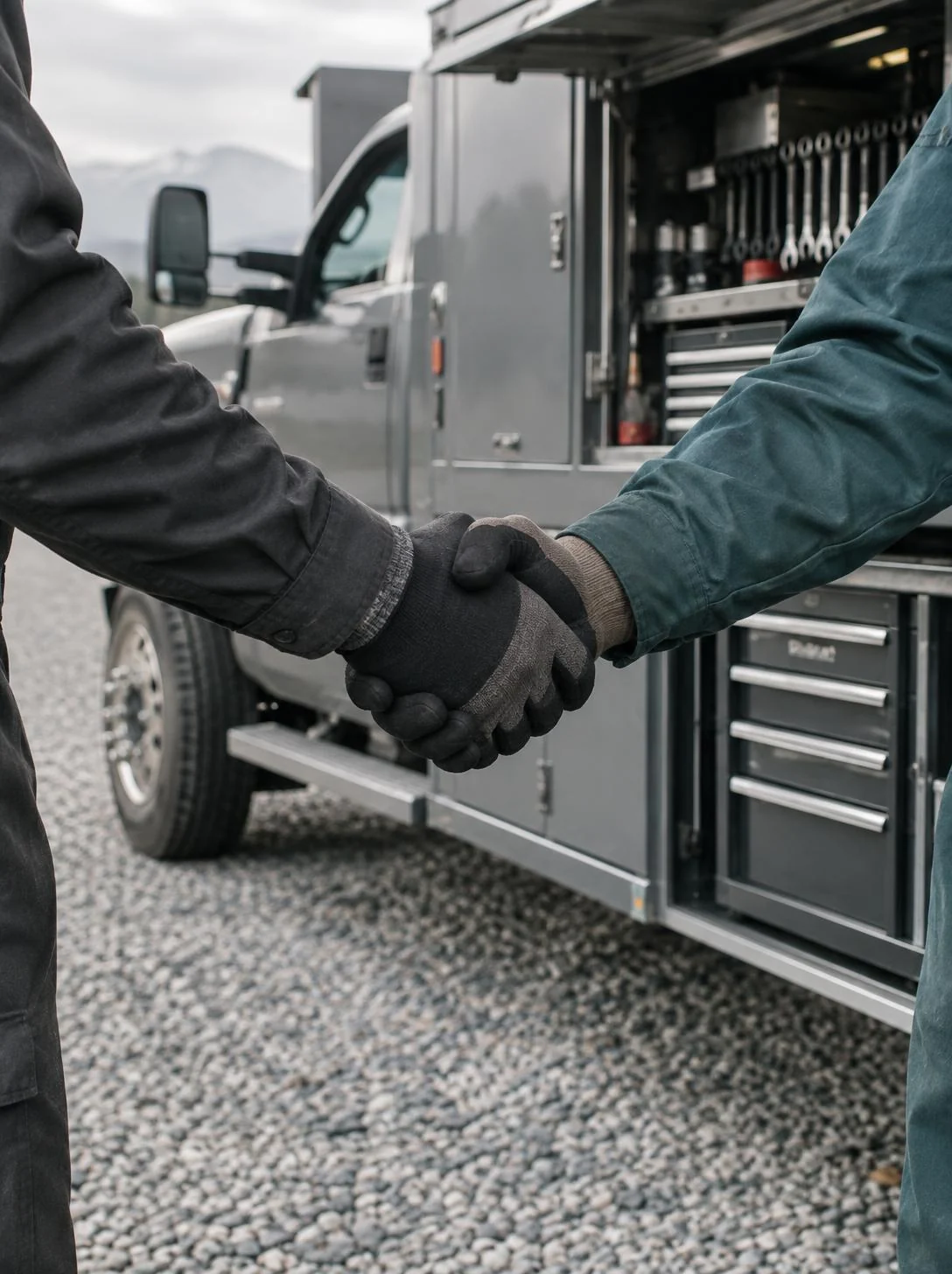 Handshake beside a mobile diesel service truck with open tool compartments