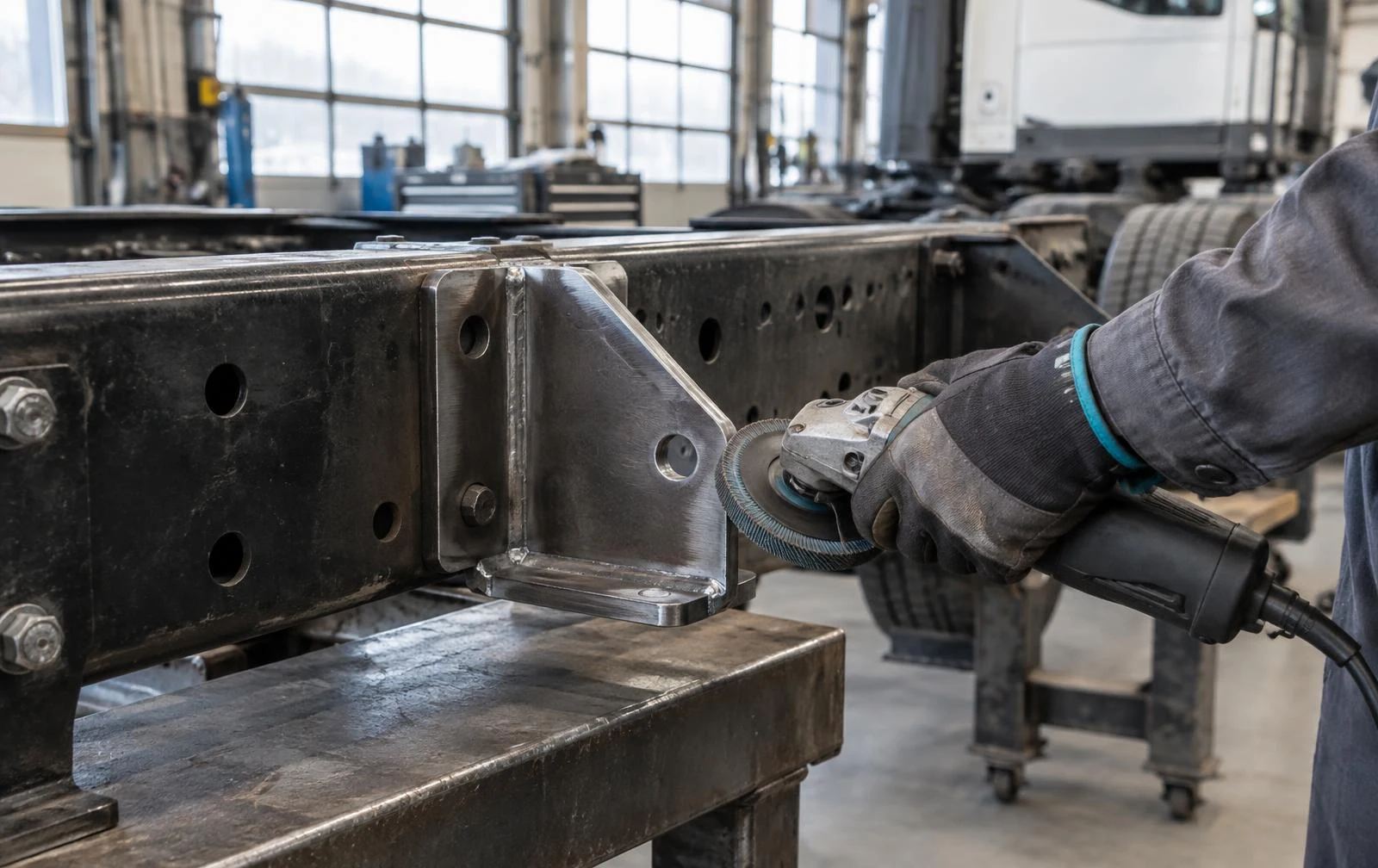 Gloved fabricator preparing a steel truck chassis bracket with an angle grinder in a repair bay