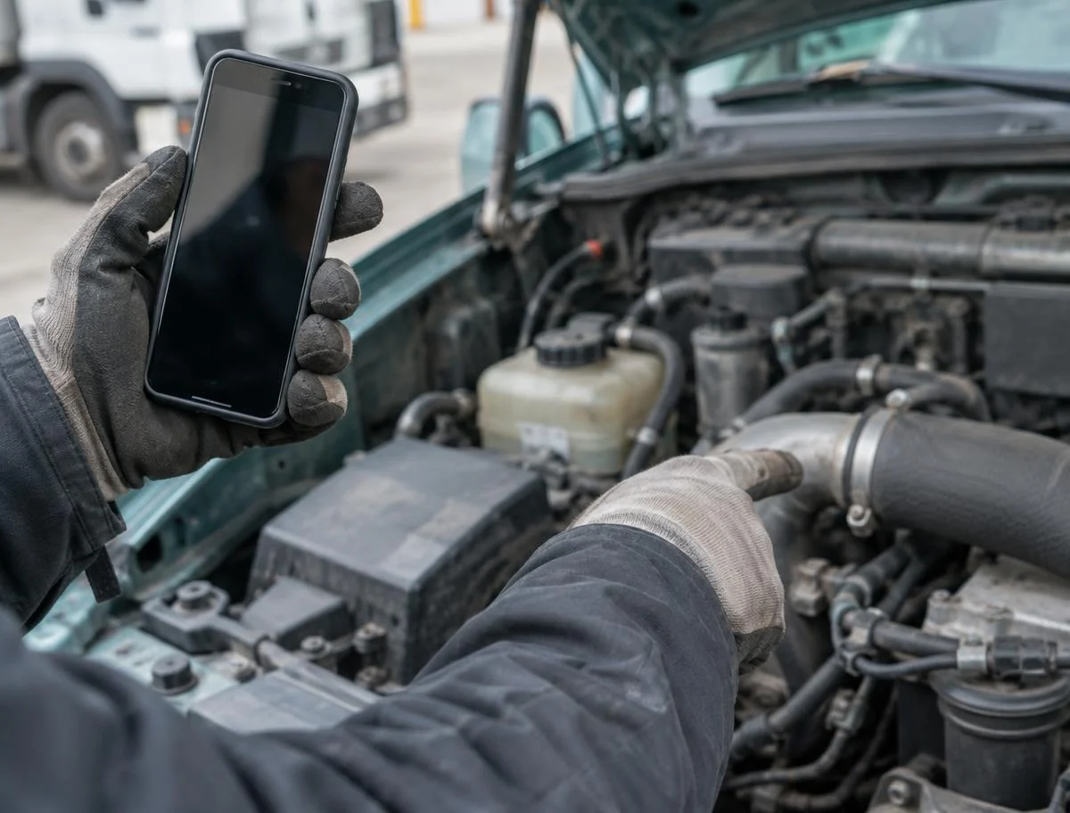 Technician on a phone call explaining a truck engine issue to a customer