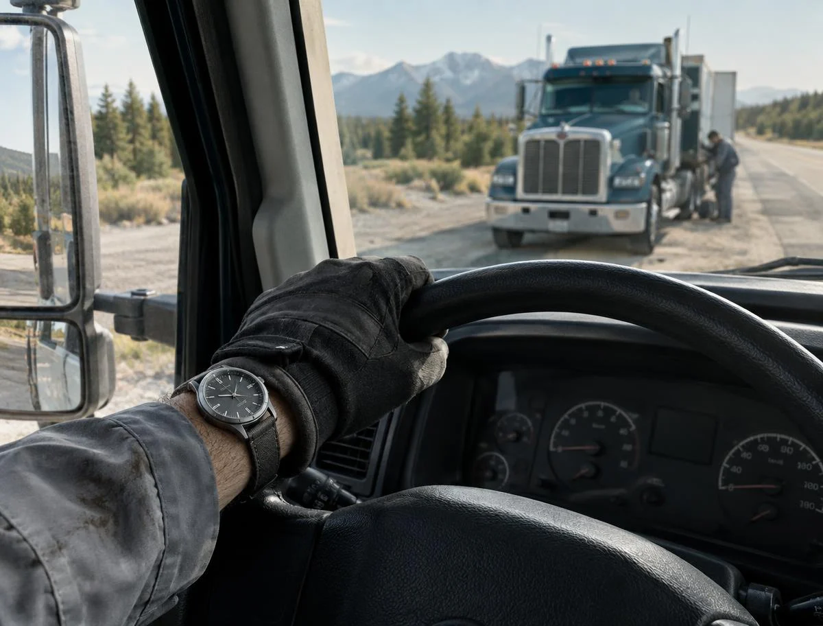 Technician with a wristwatch driving a service truck toward a waiting semi truck