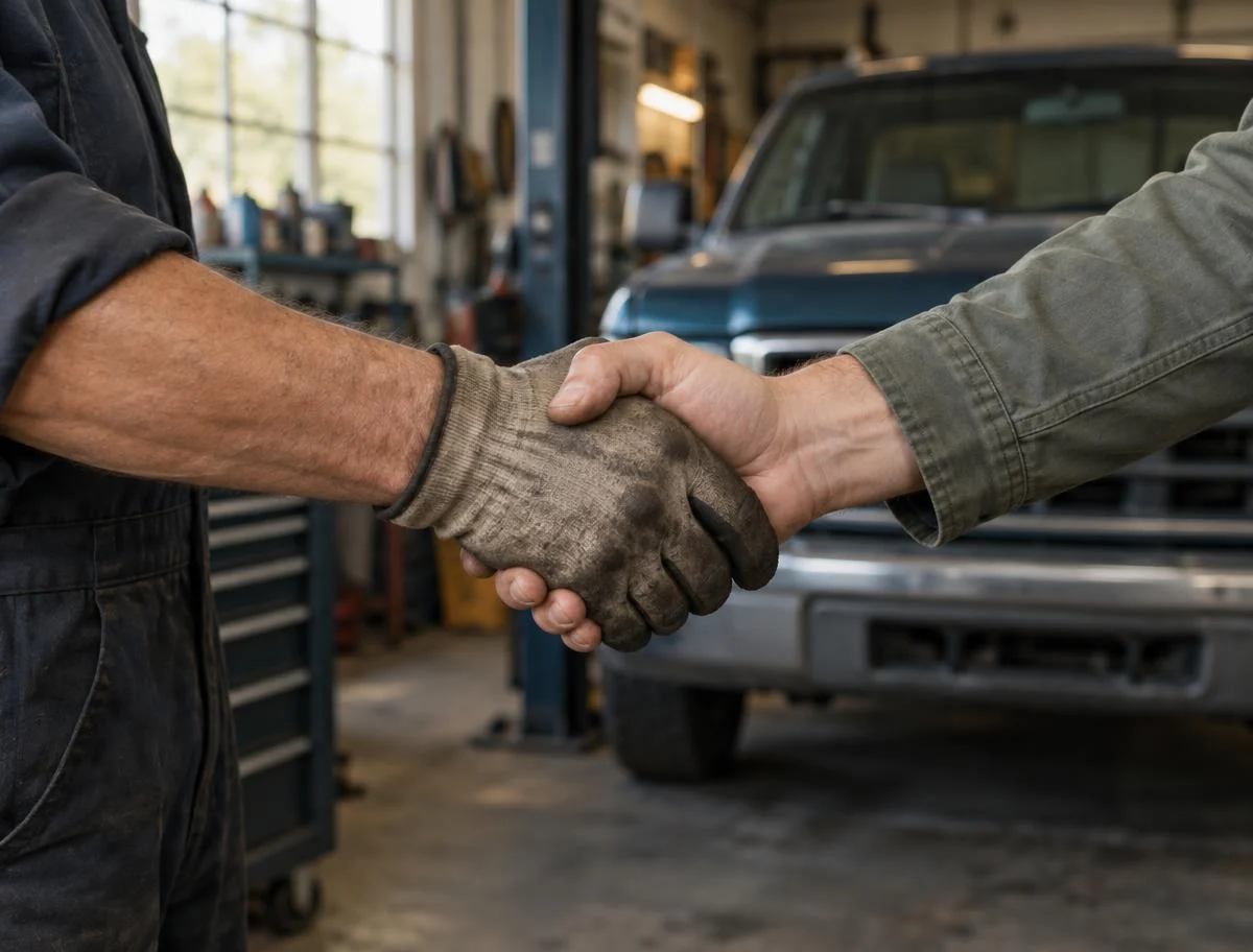 Technician shaking hands with a customer inside a family-owned truck repair shop